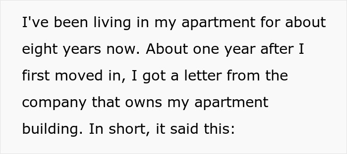 Text on image discussing a tenant's experience in their apartment before learning a crucial contract detail.
