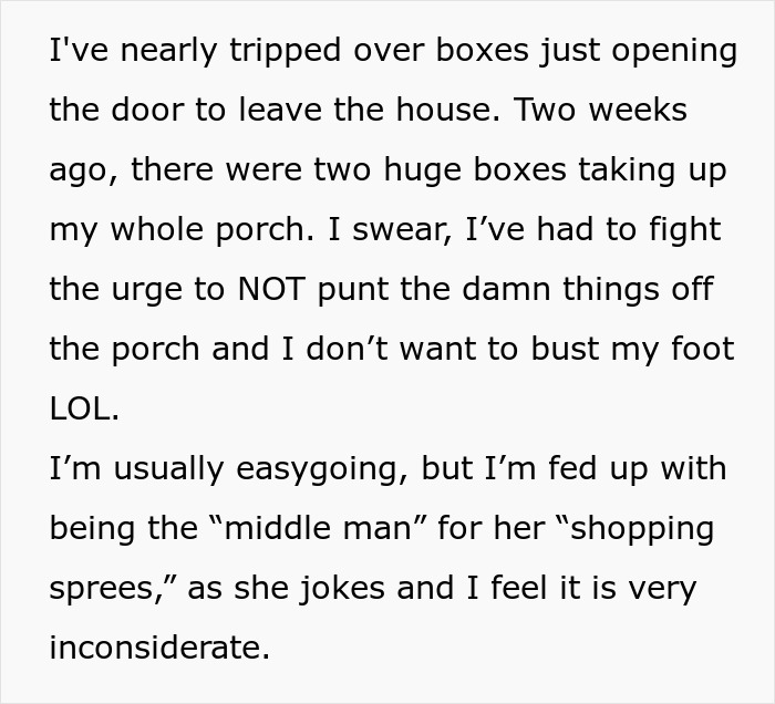 Text describing a landlady frustrated by shopaholic tenants' deliveries cluttering her porch.