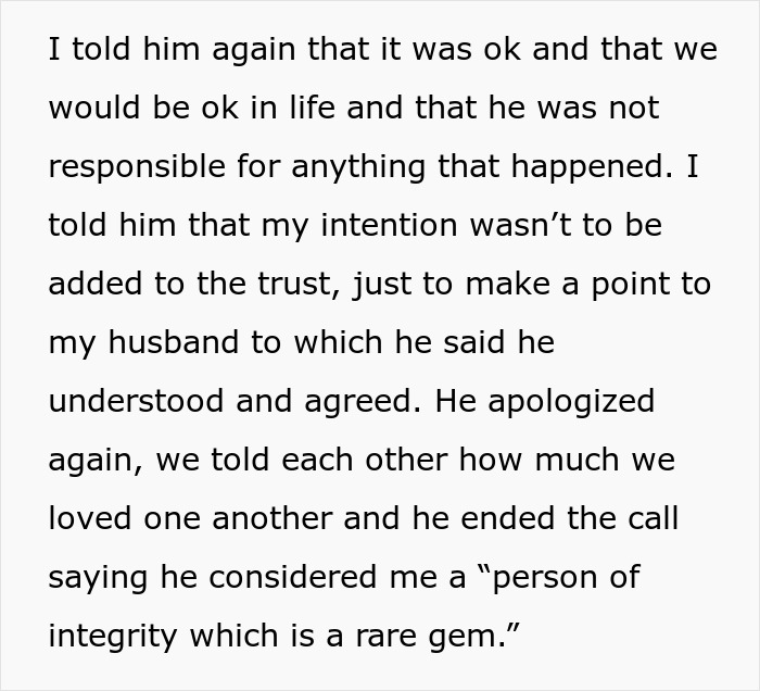 Text conversation about family trust, discussing intentions and integrity. Text conversation about family trust, discussing intentions and integrity.