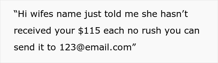 Text message requesting $115 payment related to wedding, causing bafflement.