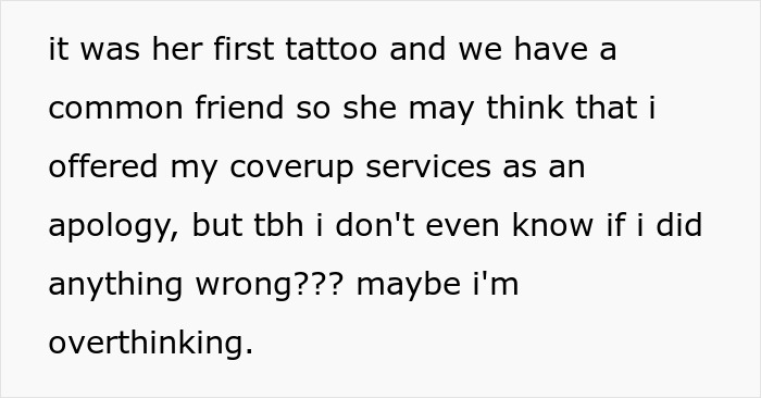 Text about a woman's first tattoo experience and cover-up concerns.
