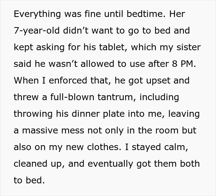 Text describing a nanny dealing with tantrums after enforcing bedtime rules.