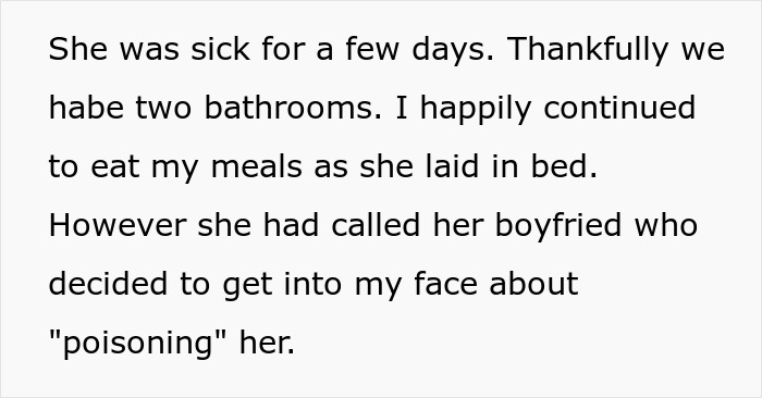 Text describing a roommate getting sick after food-thieving mishap, with her boyfriend confronting the situation.