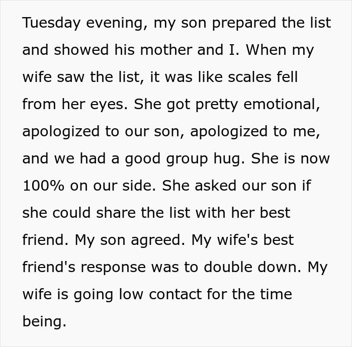 Text about dad supporting son in social situation, family drama resolved with group hug and list shared.
