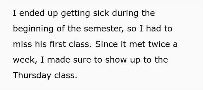 Text from a college student's experience missing the start of a semester class.