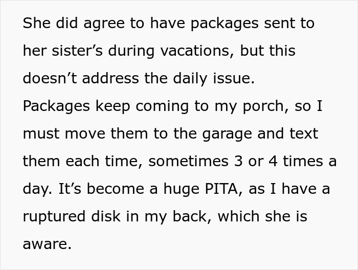 Text describing landlady's frustration with shopaholic tenants and frequent package deliveries.