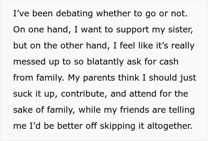 Text discussing the bride's controversial "wedding tax" decision and its impact on family relations.