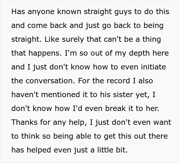 Text discussing husband's request for a gaycation and wife's feelings of uncertainty.