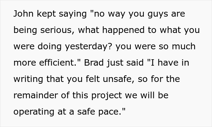 Text exchange about adjusting work pace for safety, highlighting working-too-fast malicious compliance. Text exchange about adjusting work pace for safety, highlighting working-too-fast malicious compliance.