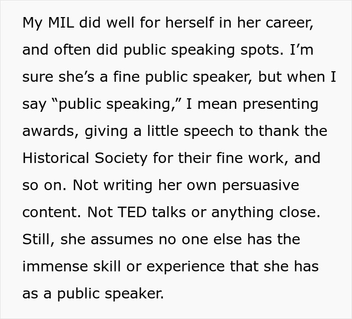 Text discussing a woman's suspicion about her mother-in-law's public speaking abilities and experience.