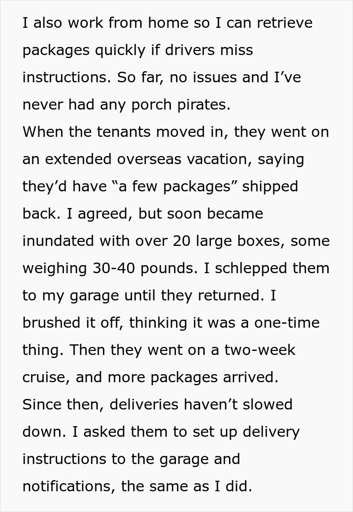Text highlighting landlady dealing with shopaholic tenant's excessive deliveries during their vacation.
