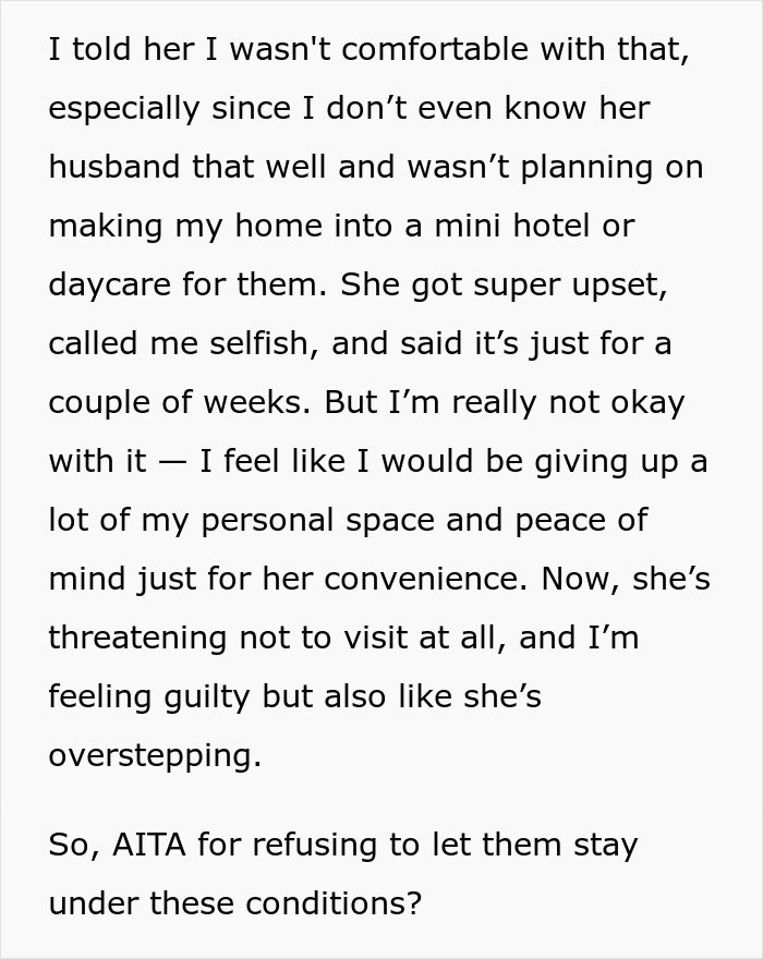 Text conversation about a couple inviting themselves to a sister's apartment with unreasonable demands.