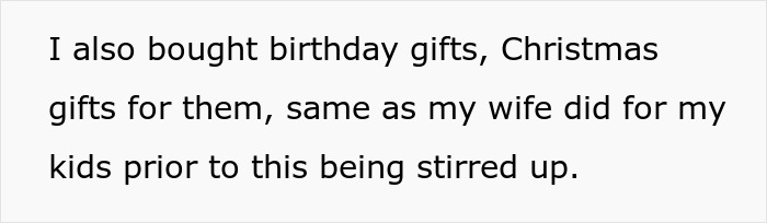 Text discussing buying gifts for kids amidst family tension over financial support.