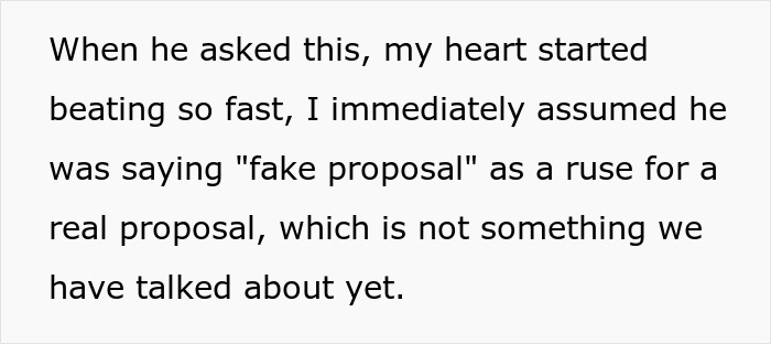 Text narrating a girlfriend's reaction to a fake proposal in Paris, expressing surprise and anticipation. Text narrating a girlfriend's reaction to a fake proposal in Paris, expressing surprise and anticipation.