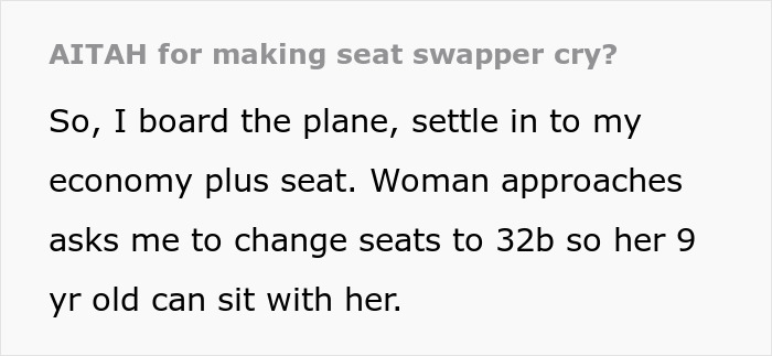 Text excerpt about a woman unsuccessfully attempting to swap plane seats for her child.