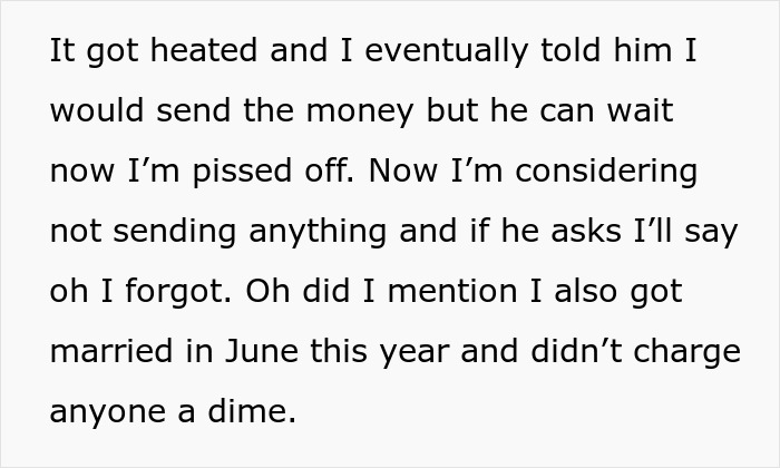 Baffled person discussing unexpected $115 charge after attending sibling's wedding.