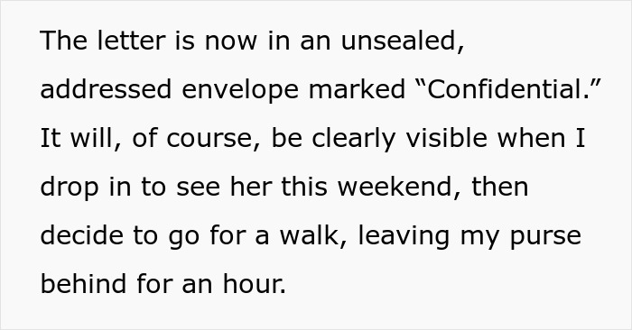 Unsealed envelope marked "Confidential" left visible to set up MIL, creating a sense of awkward suspicion.