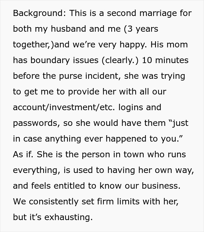 Text detailing a woman's suspicions about her mother-in-law invading privacy by asking for personal logins and passwords.