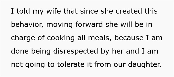Text about a husband addressing a pattern of disrespect from his wife and deciding she will cook all meals. Text about a husband addressing a pattern of disrespect from his wife and deciding she will cook all meals.