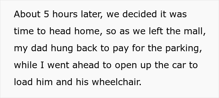 Text about a mall visit, mentioning a handicapped spot and a wheelchair scenario.