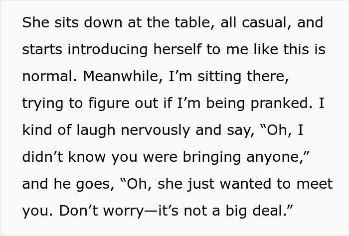 Text showing a woman's reaction to an unexpected introduction during a date.