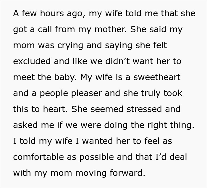 Text message about MIL feeling excluded, stressed wife concerned about MIL not meeting baby.