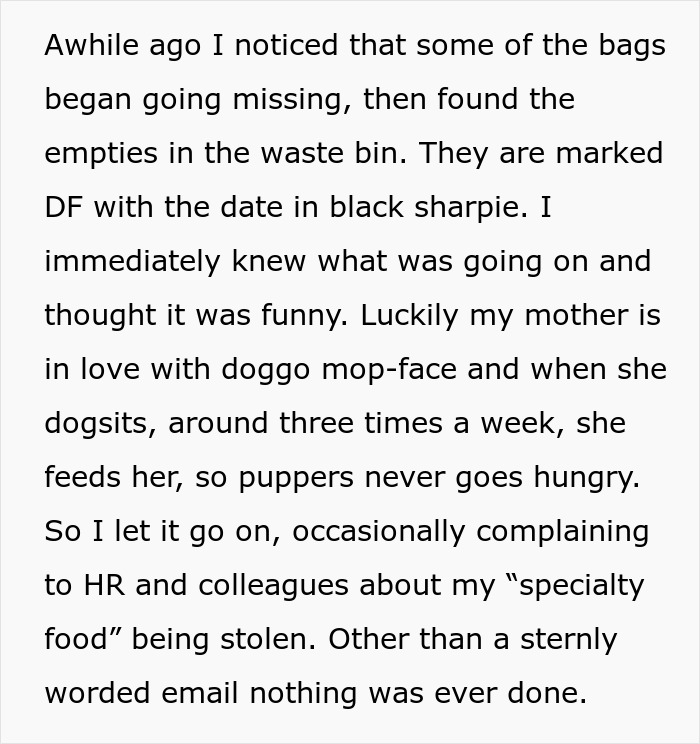 Woman Lets Lunch-Stealing Coworkers Eat Dog Food For 6 Months, Proudly Announces It During A Meeting Woman Lets Lunch-Stealing Coworkers Eat Dog Food For 6 Months, Proudly Announces It During A Meeting