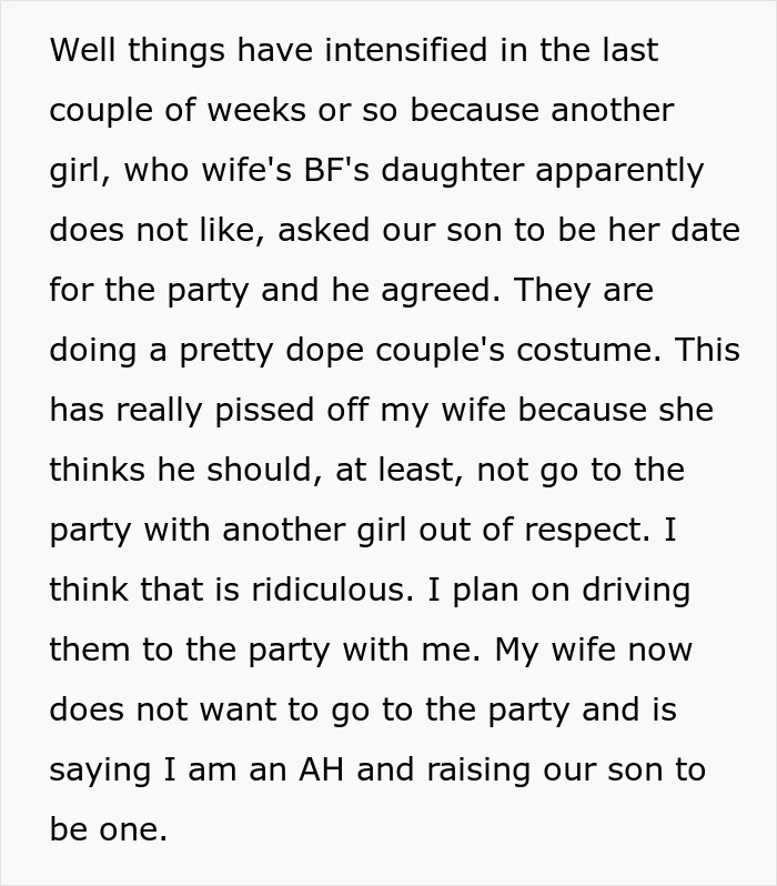 Dad supports son&rsquo;s choice about party date, leading to family drama over friend&rsquo;s daughter.
