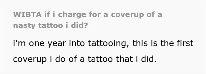 Text discussing a woman's failed first tattoo, questioning cover-up charges for a gross meme design.