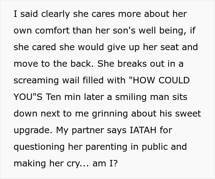Text describing a failed attempt by a mom to take over a plane seat, ending in tears.