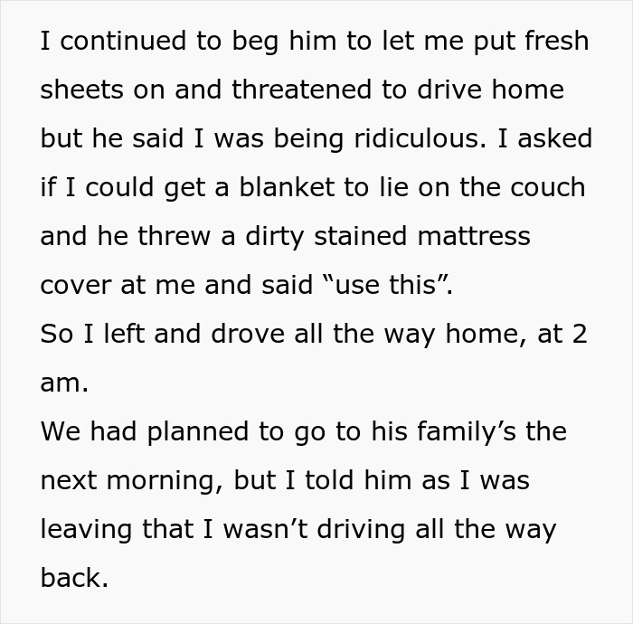 Text screenshot about a woman leaving due to her boyfriend's dirty bed, describing the situation.