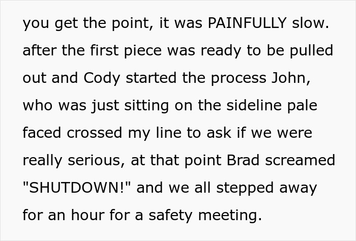 Text about working too fast and a safety shutdown for malicious compliance. Text about working too fast and a safety shutdown for malicious compliance.