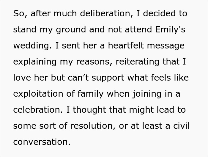 Text detailing a decision to skip a wedding due to a perceived "wedding tax" and family exploitation concerns.