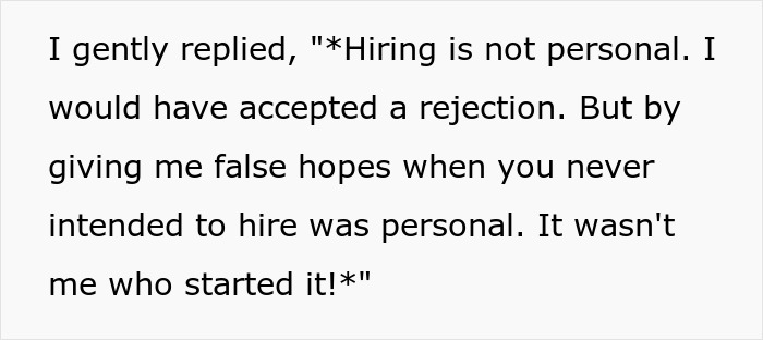 Text expressing candidate's response about ghosting after multiple interview rounds, highlighting recruiter regrets.