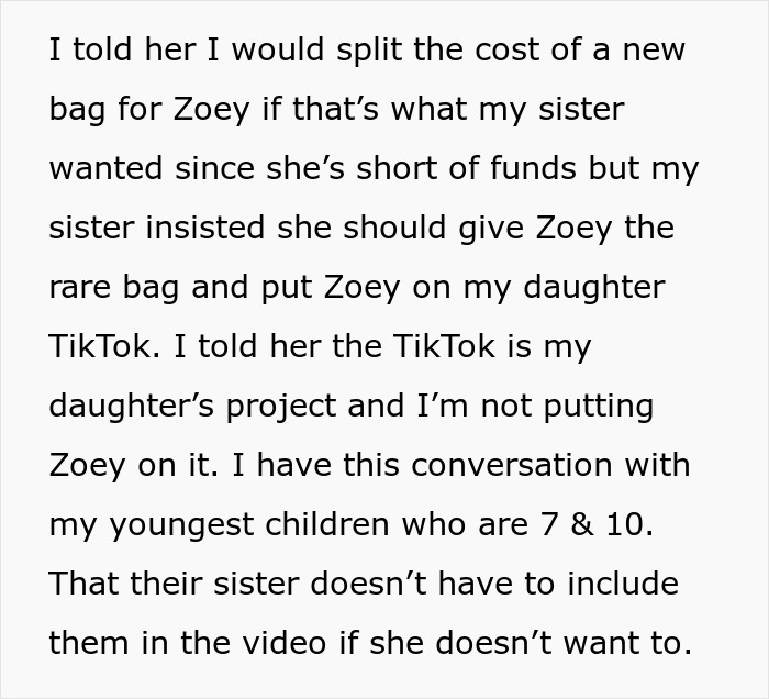 Text discussing reluctance to give away child's rare backpack and TikTok involvement. Text discussing reluctance to give away child's rare backpack and TikTok involvement.