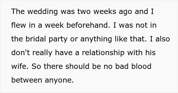 Text recounting a woman's account of attending a wedding two weeks ago, mentioning no relationship with the bride.