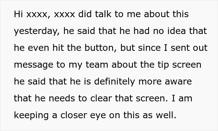 Text message discussing cashier's accidental actions on tip screen for better awareness.