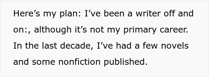 Text about a woman's writing career in an image related to her suspicion of MIL's actions.