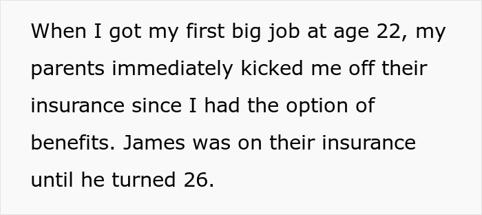 Text highlighting a woman's experience with insurance and job benefits compared to her brother. Text highlighting a woman's experience with insurance and job benefits compared to her brother.