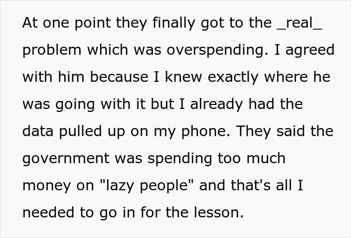 Text discussing overspending and government money on "lazy people," ready for a factual rebuttal.