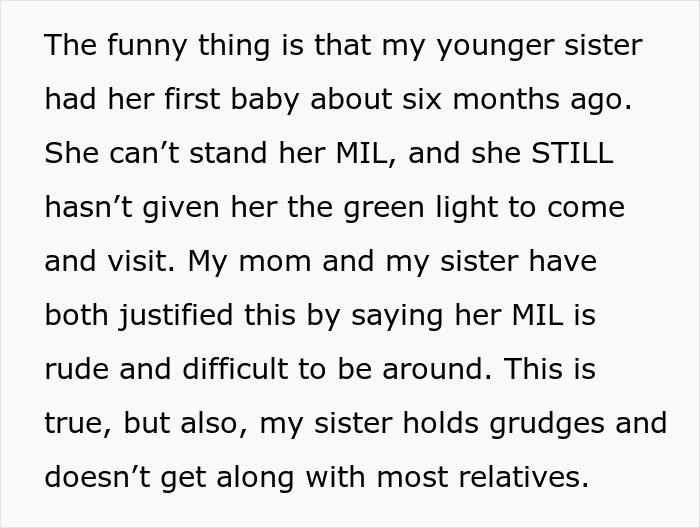 Text describing a family conflict over a woman&rsquo;s decision about her MIL related to meeting the baby.