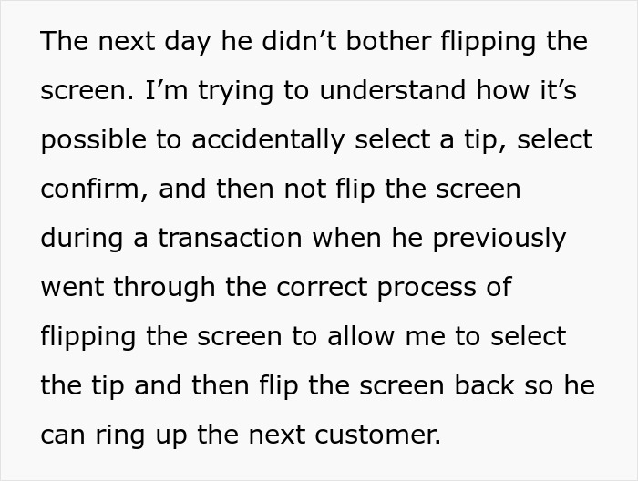 Text describes a cashier not reversing screen for tip selection, raising questions about stealth tipping.