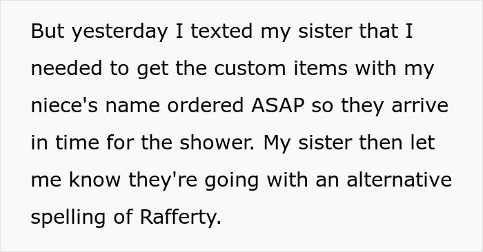 Text message about niece's custom items, noting alternative spelling of Rafferty. Text message about niece's custom items, noting alternative spelling of Rafferty.