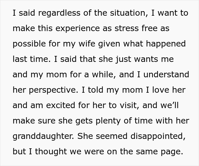 Text discussing a mother's decision for a stress-free experience with mother-in-law and baby.