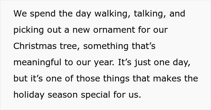 Text about family holiday tradition of choosing a Christmas tree ornament, highlighting its importance and meaning.