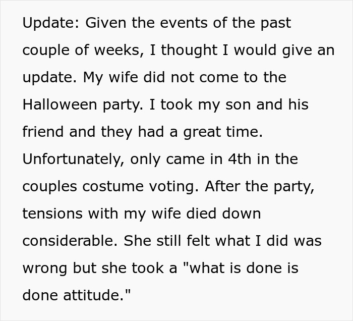 Text from dad discussing Halloween party where his son enjoyed time with a friend; mentions family drama.