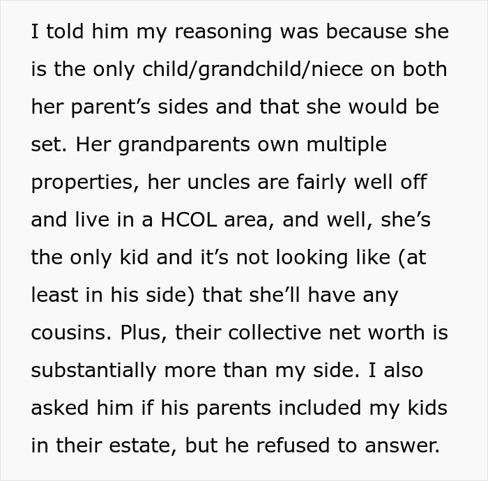 Text about a wife's reasoning for excluding a husband's daughter from her parents' will, citing financial security. Text about a wife's reasoning for excluding a husband's daughter from her parents' will, citing financial security.