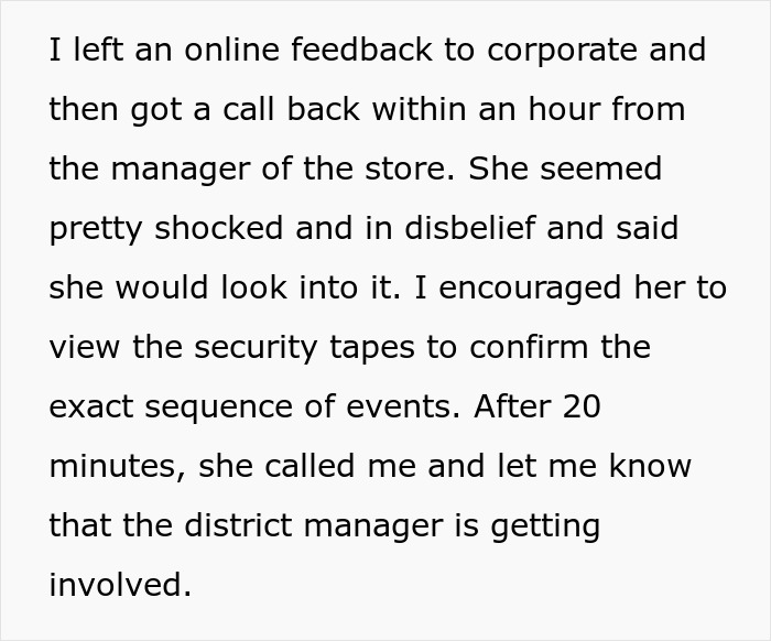 Screenshot of text describing a customer's feedback leading to an investigation of a cashier's stealth tip incident.