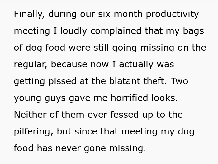 Woman Lets Lunch-Stealing Coworkers Eat Dog Food For 6 Months, Proudly Announces It During A Meeting Woman Lets Lunch-Stealing Coworkers Eat Dog Food For 6 Months, Proudly Announces It During A Meeting
