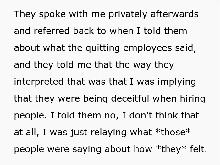 Text about private discussion and feedback interpretation focused on employee feelings and hiring honesty. Text about private discussion and feedback interpretation focused on employee feelings and hiring honesty.